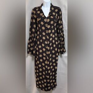 VTG 90s MICA Sz 8 Midi Dress Star Print Scroll Button‎ Down Front Bell Sleeve